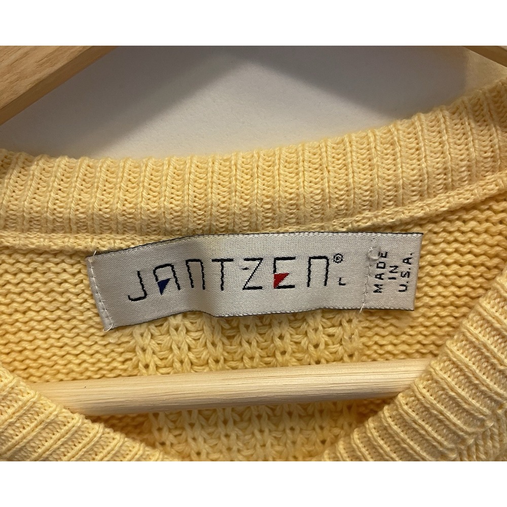 Vintage Yellow Jantzen‎ Chunky Knit Crewneck Cotton Sweater Mens L 90s Preppy - Picture 3 of 7